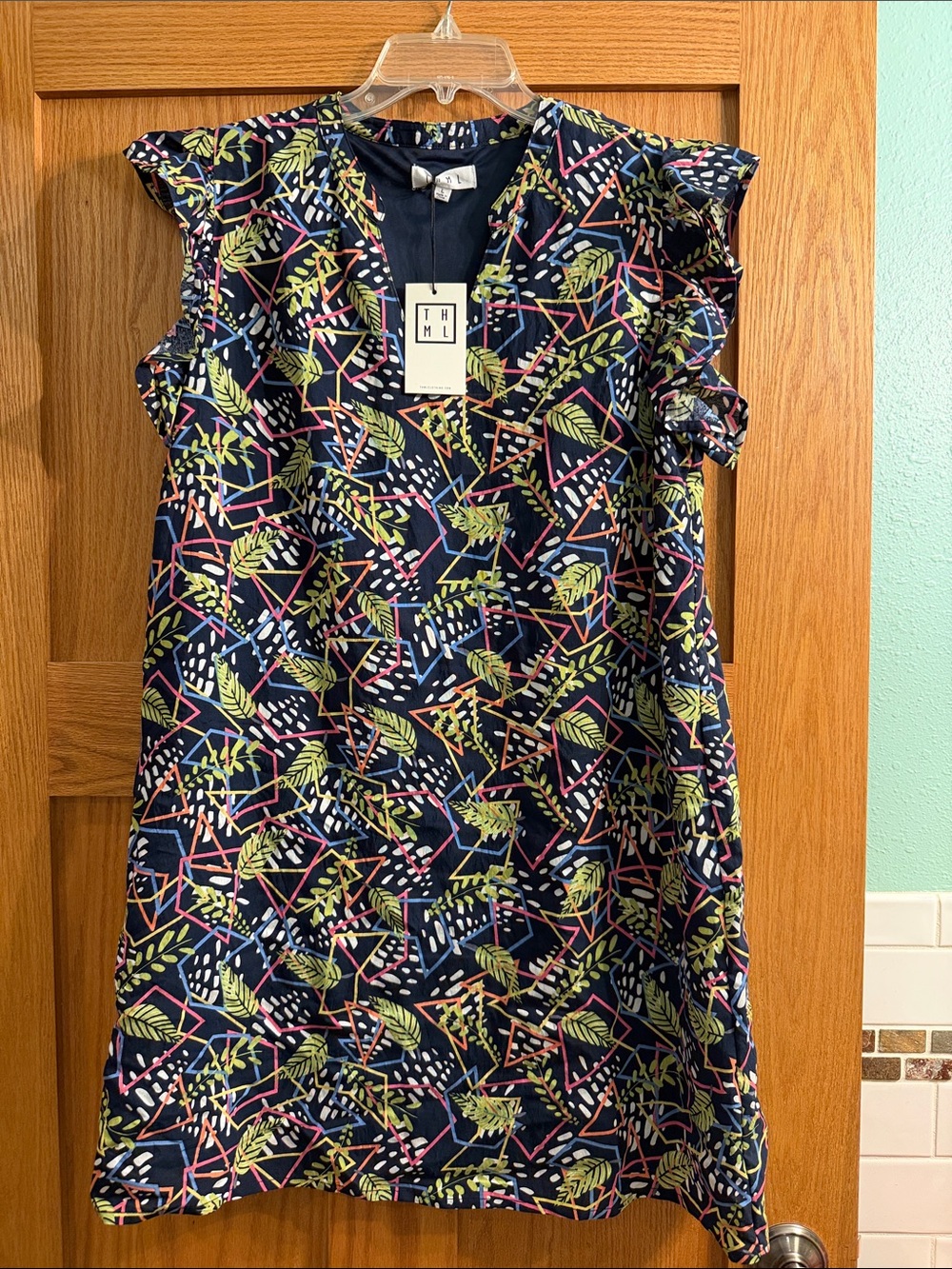 THML Navy Leaf & Coral Geometric Shift Dress - Picture 1 of 5
